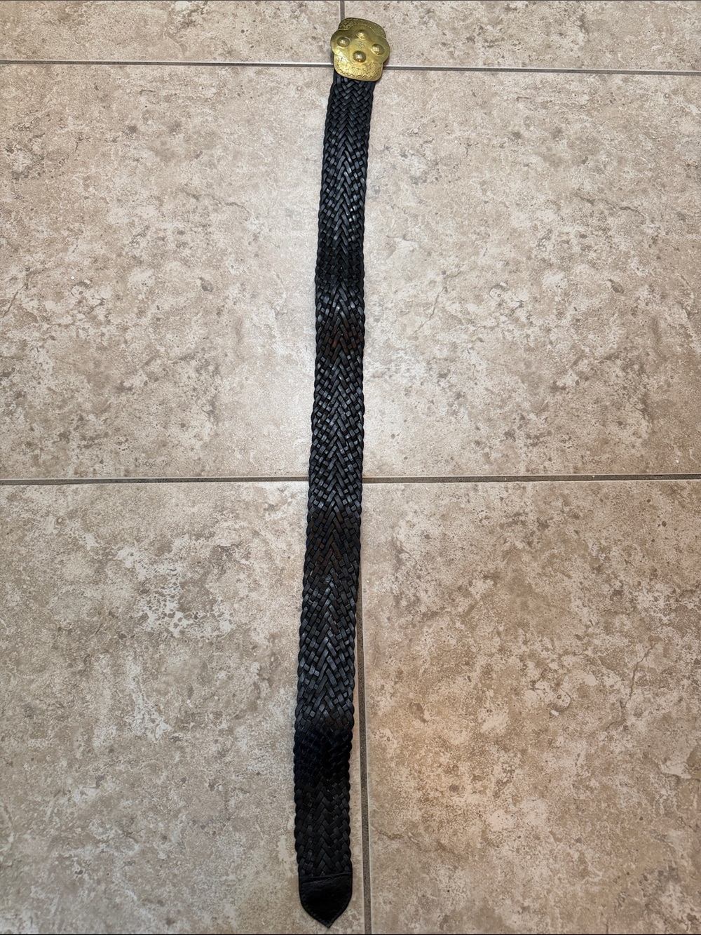 Vintage Woven Black Leather Belt with Brass Skull Buckle